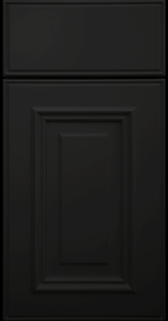 Custom Black Anderson Raised Panel Kitchen Cabinet Door and matching Slab Drawer Front.